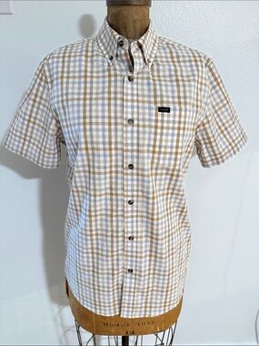NWT Lee White & Tan Short Sleeve Plaid Button-Down Shirt Size S